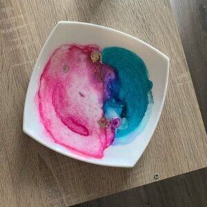 Hand painted trinket tray or plate pink turquoise